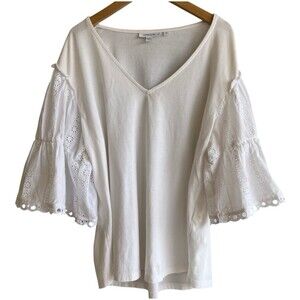 Chicos Womens V-Neck Top Size L White Eyelet Lace Bell Sleeve Peasant Cottage